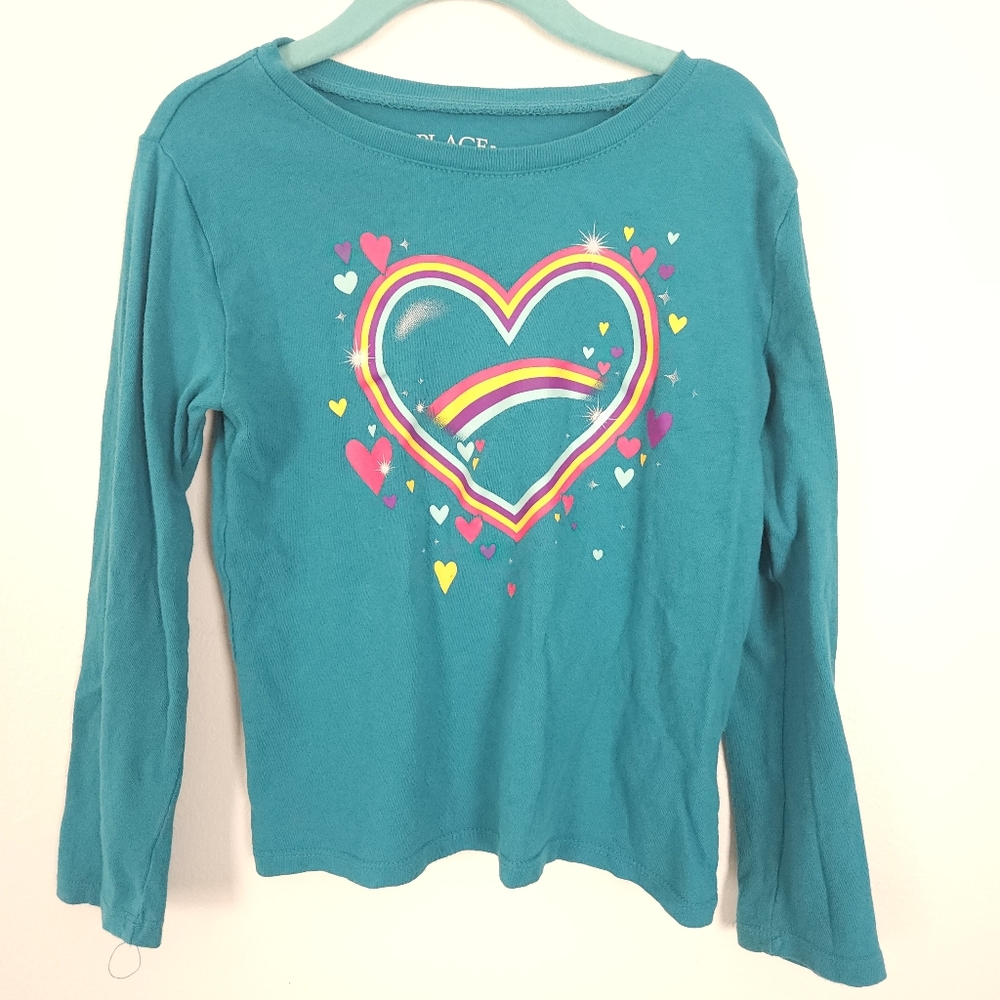 The Childrens‎ Place Girls Teal Rainbow Heart Long Sleeve T Shirt Size 5/6